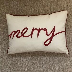 Festive Cream and Red 'Merry' Holiday Pillow
